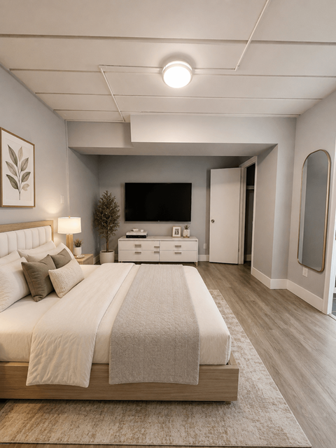 A bedroom with a large bed and a television in the corner.