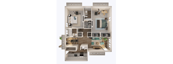 A 3D floor plan of a house with four different rooms.