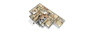 A 3D floor plan of a house with a kitchen, living room, and bedrooms.