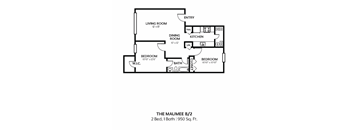 A floor plan of a two bedroom apartment with a living room, dining room, kitchen, and two bathrooms.