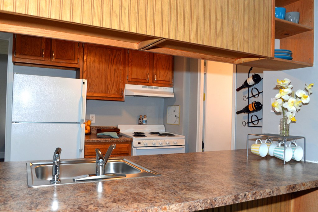 a kitchen with a sink and a refrigerator