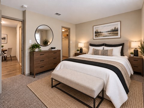 A bedroom with a large bed and a painting on the wall.