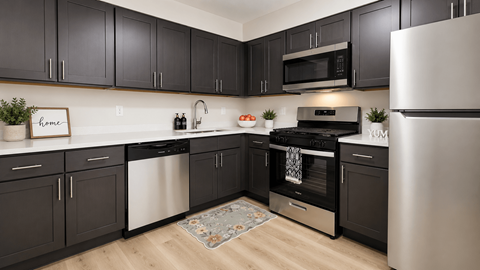 A modern kitchen with black cabinets and stainless steel appliances.