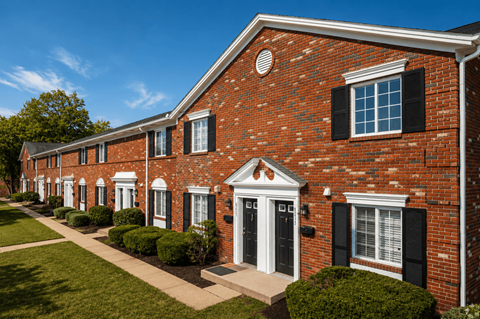 A row of red brick houses with black shutters and white trim.