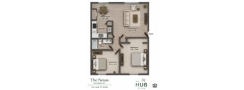 A floor plan of a 819 square feet apartment at The Hub at Nora.