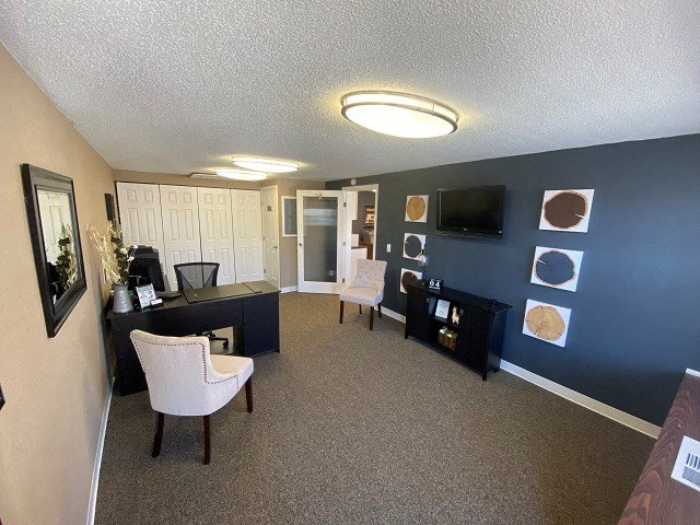 a living room with two chairs and a television