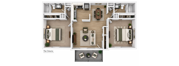 A floor plan of a two-bedroom apartment with a living room, kitchen, and bathroom.