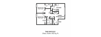 A black and white image of a floor plan for a 2 bedroom, 1 bathroom apartment.