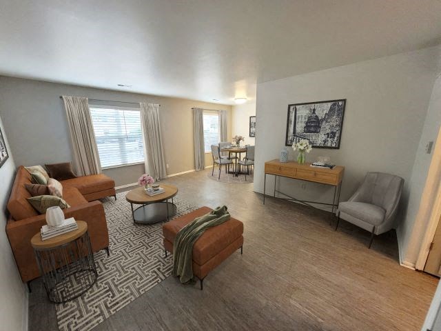 a living room with a couch and a table