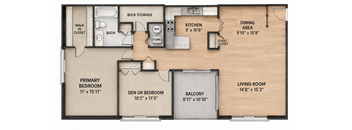 A floor plan of a small apartment with a living room, dining area, kitchen, and two bedrooms.