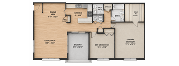 A floor plan of a home with a living room, dining area, kitchen, and multiple bathrooms.