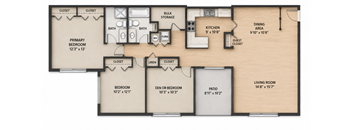 A floor plan of a house with a primary bedroom, a den or bedroom, a patio, a living room, a kitchen, and a dining area.