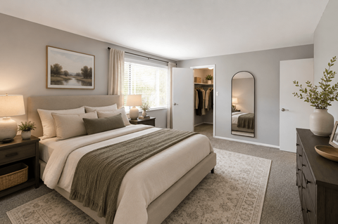 A bedroom with a large bed and a painting on the wall.