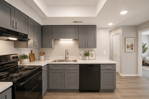 A modern kitchen with dark grey cabinets and white countertops.