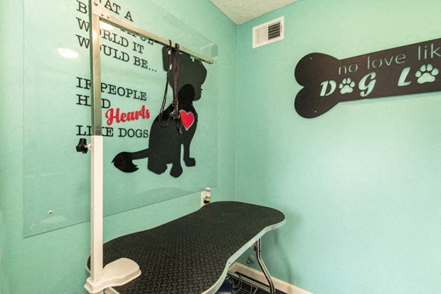 a treatment room with a bench and a sign on the wall