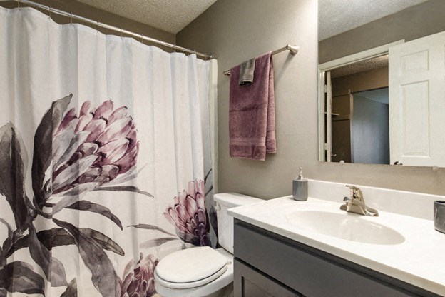 a bathroom with a sink and a toilet and a shower curtain