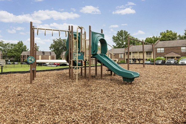 a playground with a slide and monkey bars in a park
