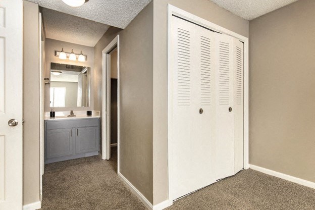 a bedroom with a closet and a bathroom with a sink