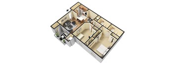 A 3D image of a house layout with a kitchen, living room, and bathroom.