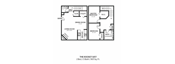 A black and white diagram of a two bedroom, one bathroom apartment.