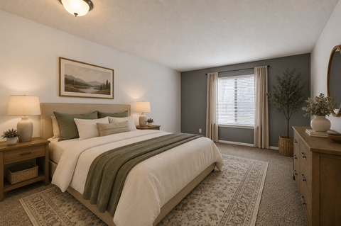 A bedroom with a large bed, a nightstand with a lamp, a painting on the wall, and a window with curtains.