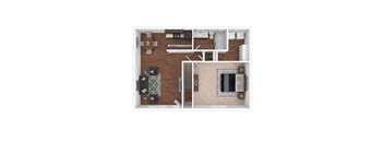 a stylized floor plan with a bedroom and living room