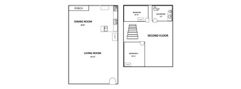 A floor plan of a house with a porch, dining room, living room, and two bedrooms.