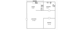 A black and white image of a floor plan for a small apartment.