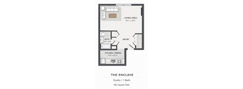 A floor plan of a studio apartment with a living area, kitchen/dining area, and bathroom.