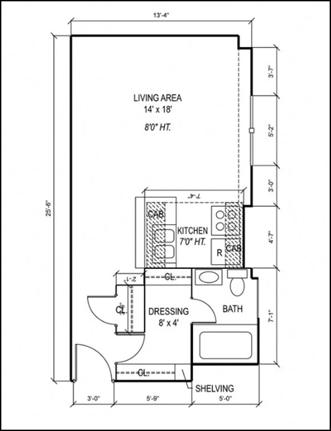 a floor plan of a small house with a bedroom and a living room