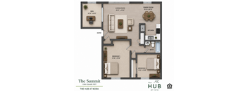 A floor plan of a one bedroom apartment at The Hub at Nora.