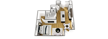 a bedroom with a bed and a chair in a room