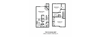 A floor plan of a 2 bedroom, 1.5 bath apartment.
