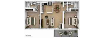 A floor plan of a two-bedroom apartment named The Tuscany.
