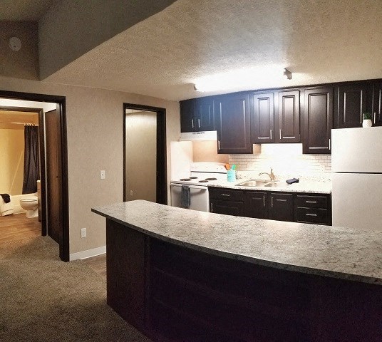a kitchen with a counter top and a refrigerator