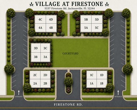 A map of the Village at Firestone with streets and house locations labeled.