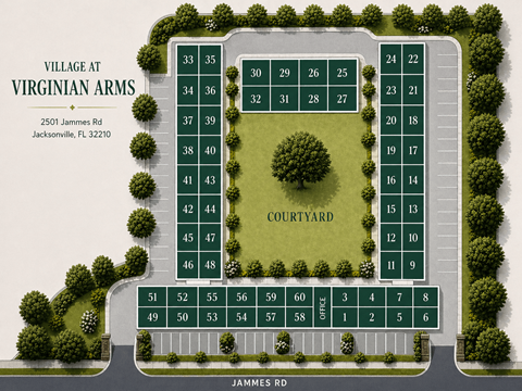 A map of the Village at Virginian Arms with a grid of numbered plots.