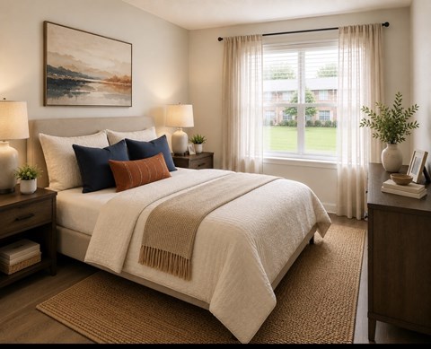 A bedroom with a large bed and a painting on the wall.