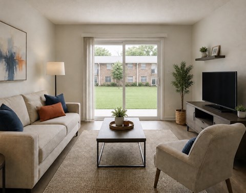 A living room with a couch, chair, and television.