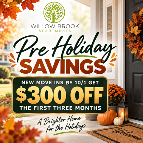 A fall-themed advertisement for Willow Brook Apartments offering $300 off for new move-ins by October 1st.