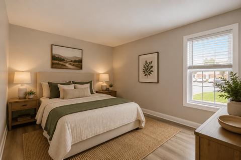 A bedroom with a large bed and a window overlooking a green area.