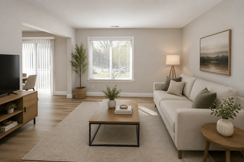 A living room with a grey couch, a coffee table, a television, and a plant.