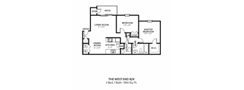 A black and white image of a floor plan for a 2 bedroom apartment.