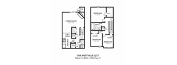 A black and white floor plan of a 3 bedroom, 15 bathroom apartment.
