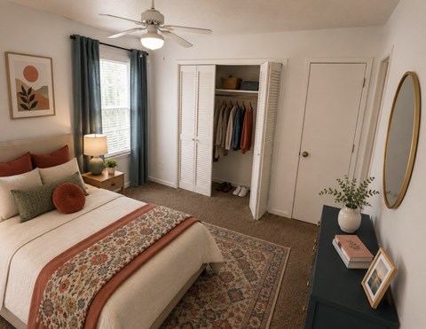 A bedroom with a large bed and a ceiling fan.