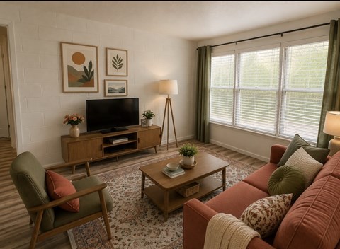 A living room with a red sofa, a green chair, a wooden coffee table, and a television.