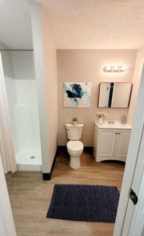 Bathroom with a standing shower, a toilet, a sink with white countertops, a mirror, and vanity lights.
