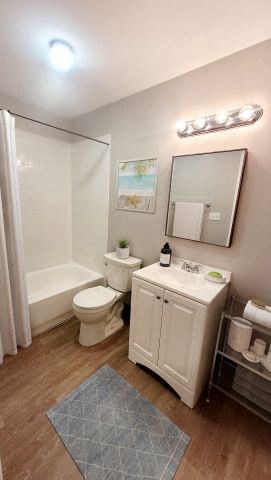 Bathroom with a bathtub, a toilet, a sink with white countertops, a mirror, and vanity lights.