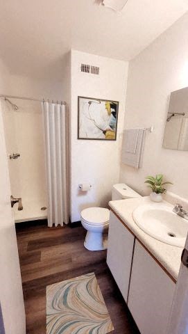 Bathroom with a standing shower, a toilet, a sink with white countertops, and a mirror. 