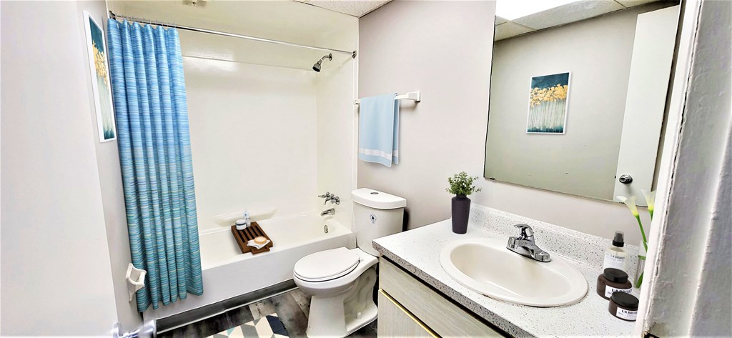 a bathroom with a sink toilet and tub and a mirror